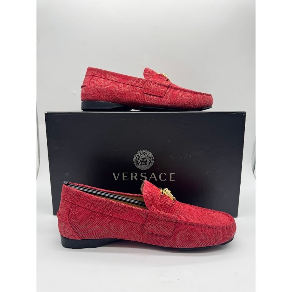 Versace Medusa Driver Loafers Red Python Print Nubuck Mens US 7.5 EU 39 NIB
